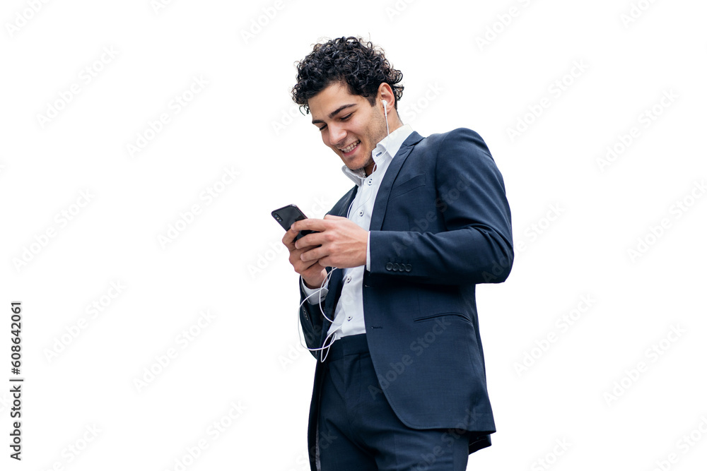 A businessman entrepreneur uses a phone app during a break for a game. The printing text of the message in the SMS. Transparent background, isolated. A businessman entrepreneur uses a phone app during a break for a game. The printing text of the message in the SMS. Transparent background, isolated.
