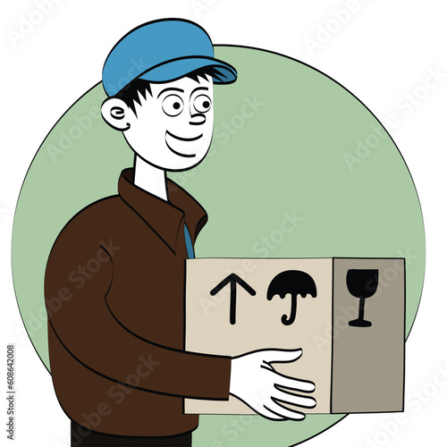 Delivery boy with package illustration isolated on white background.