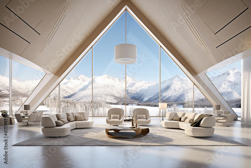 Luxurious, large and spacious lounge, snowy mountains outside. Generative AI.