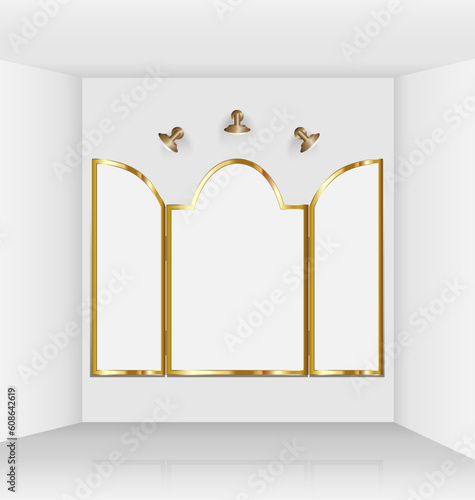 Virtual art gallery with composed gothic empty frames made ready for art imposition