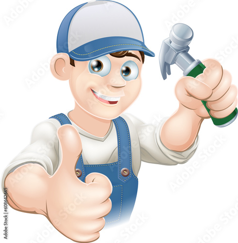 Illustration of a happy handyman, builder, construction worker or carpenter in work clothes holding a hammer and giving thumbs up