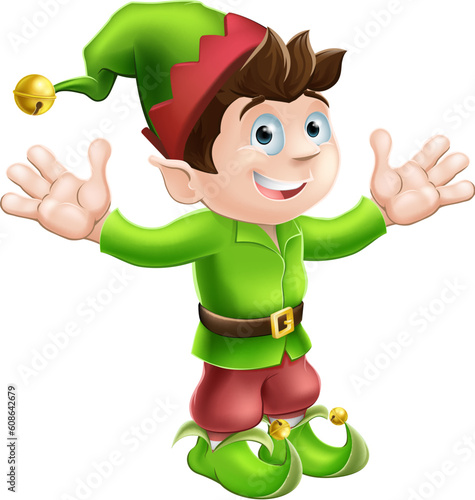 Christmas illustration of a cute happy Christmas Elf smiling and waving