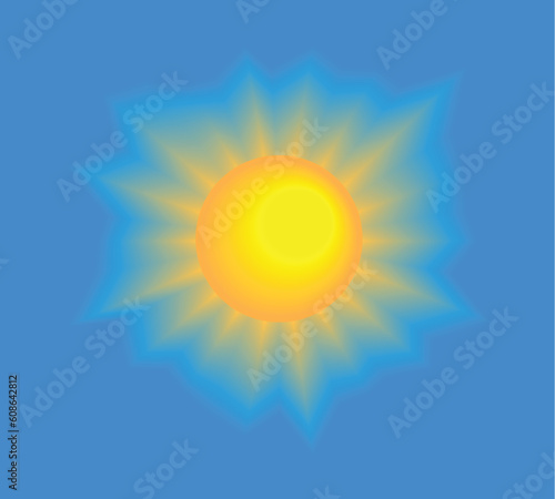 Sun shining with realistic rays on blue sky. Vector illustration