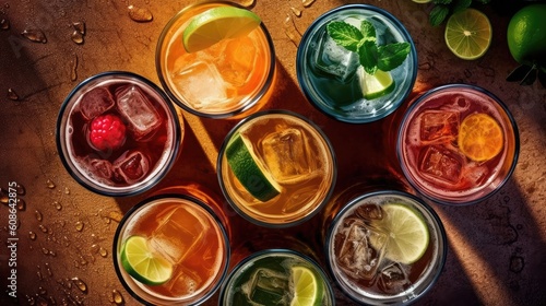 different types of cocktails, mojito, margarita, caipirinha, caipiroska, negroni, cuba libre. Top view. on rustic background. lime slices. generative AI