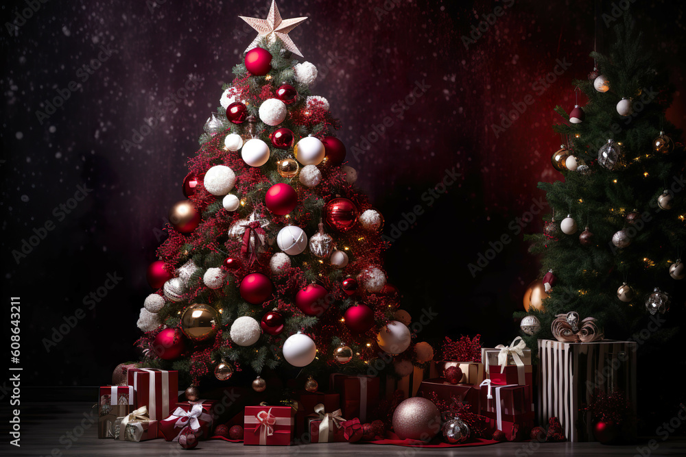 Stylized Christmas Tree with Red and White Decorations, Created by Generative AI