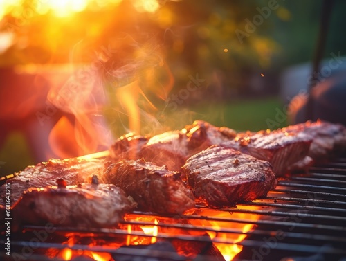 Fototapeta Grilled beef steaks on barbecue grill with flames. BBQ party in the garden. Selective focus. generative AI