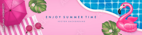 Summer horizontal banner with realistic swimming pool, umbrella, sunglasses, flamingo and tropical leaves. Summer resort background. Vector illustration