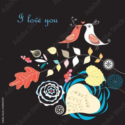 Greeting card with autumn leaves and birds in love on a black background