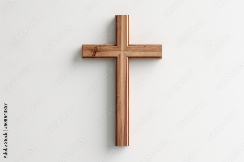 Wooden christian cross on building wall. Generative AI