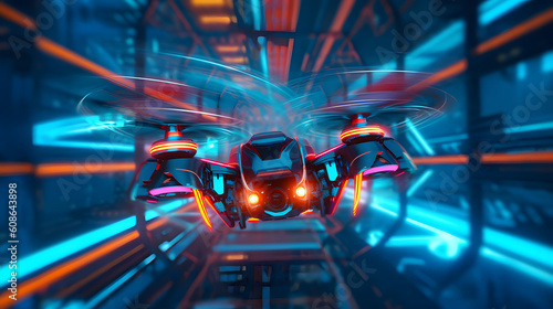 Drone racing, group of high-speed racing drones navigating a challenging course, with dynamic motion blur and vibrant colors, Generated AI photo