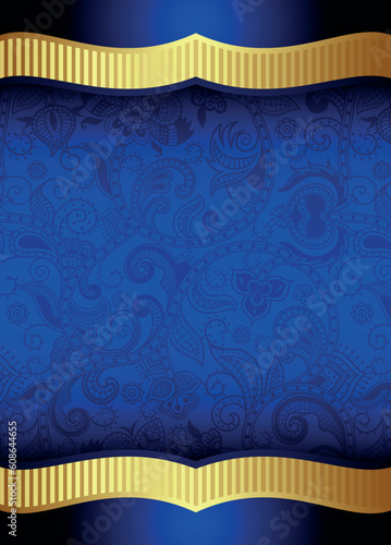 Illustration of abstract blue floral and gold background.