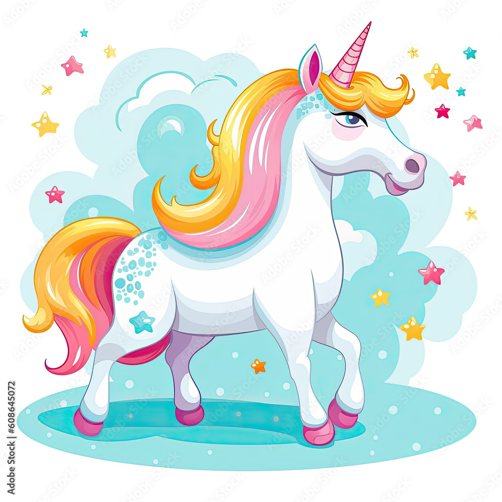 Fototapeta premium Unicorn Fantasy Illustration of a Magnificent and Beautiful Magical Unicorn Clipart Ai Generiert