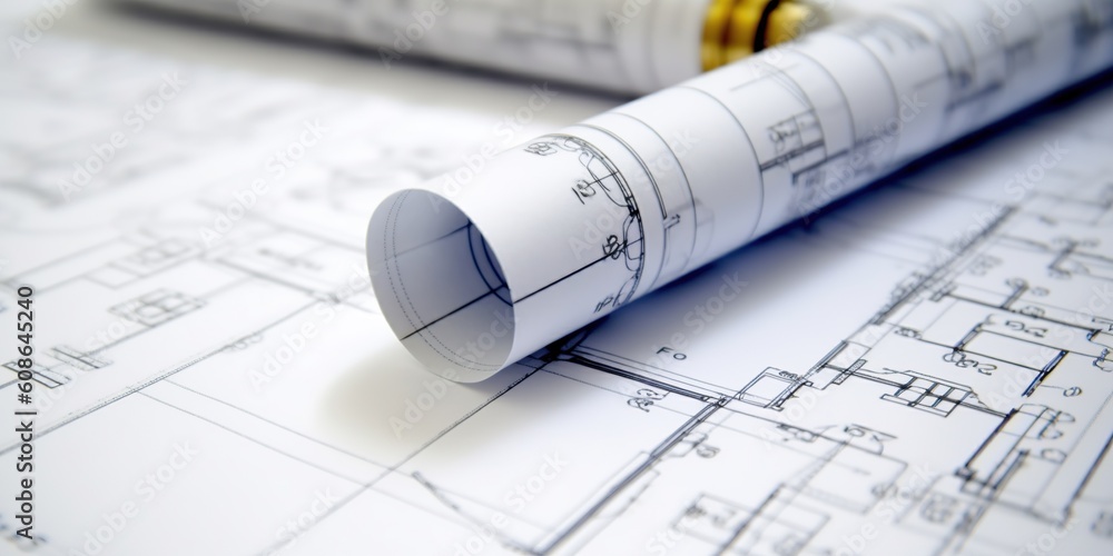 Architect rolls and architectural plan, technical project drawing background Architect rolls and architectural plan, technical project drawing background