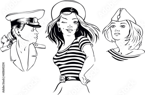 Three drawn portraits of beautiful girls. Vector illustration.