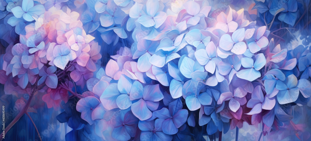 Impressionist style hydrangea flowers painting style. Light blue and light purple Hydrangea flowers in full bloom, in the garden. Hand edited generative AI. - obrazy, fototapety, plakaty 