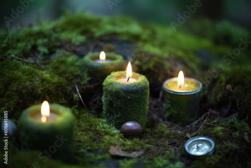 burning candles on moss, dark green blurred natural background. magic candles for witch ritual in forest, mysterious fairy scene. Generative AI
