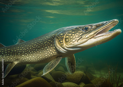Pike in the river. Generative Ai image