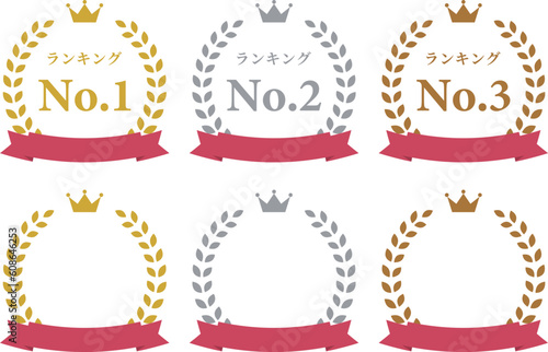 金色、銀色、銅色の月桂冠のシンプルなランキングアイコンのイラストセット（リボン付き）