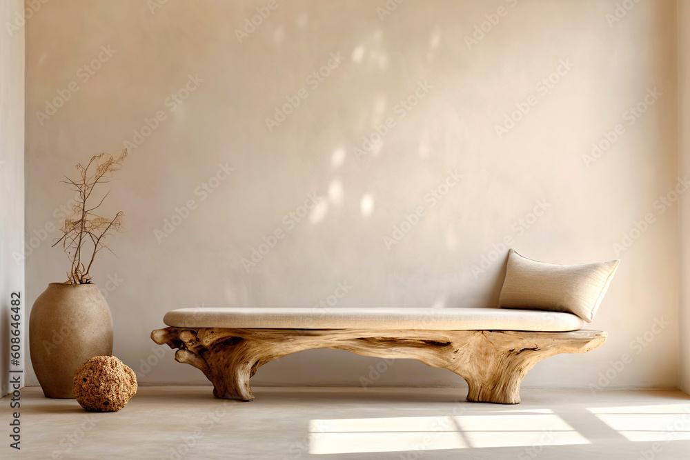 Rustic aged wood log bench near stucco empty wall with copy space. Boho  interior design of modern living room in country house. Created with  generative AI Stock Illustration | Adobe Stock