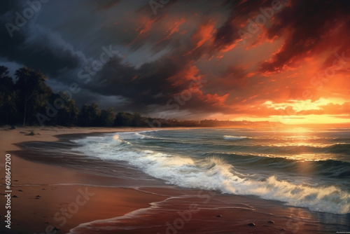 Sandy beach along an ocean at sunrise with dark clouds of red and orange. AI generative