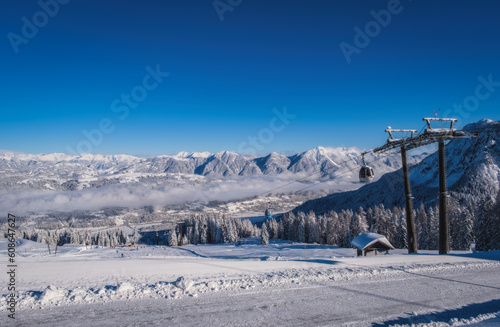 Mountain ski resort Nassfeld in sunny winter day. Carinthia, Austria. January 2022