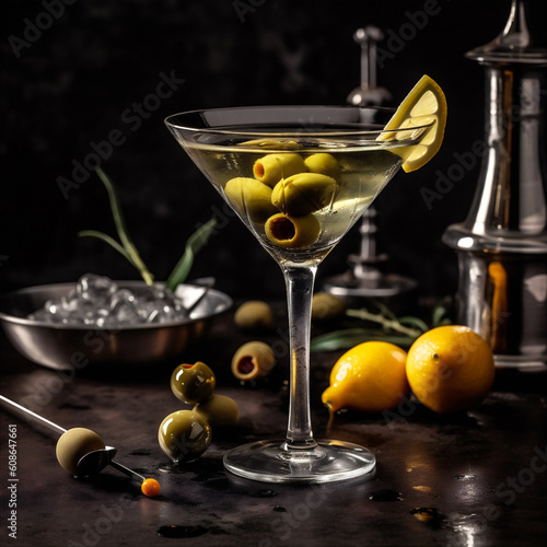 Classic Martini Cocktail Made With Gin or vodka, dry vermouth with olives, served in martini glass. AI generated