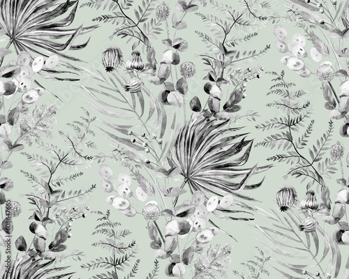 Wallpaper Mural Seamless watercolor monochrome pattern with tropical palm leaves and herbs for textile Torontodigital.ca