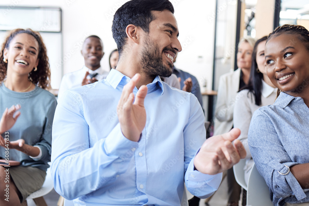 Business people, clapping hands and audience in conference, seminar or corporate workshop. Professional men and women diversity group talk or applause for convention, training or presentation success Business people, clapping hands and audience in conference, seminar or corporate workshop. Professional men and women diversity group talk or applause for convention, training or presentation success
