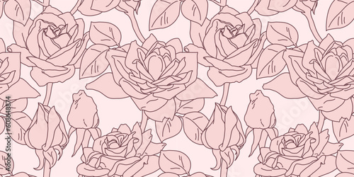 Rose blossom flower and buds in bloom seamless tile pattern in pink. Hand drawn realistic detailed vector illustration.