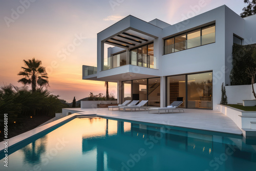 Modern real estate exterior architecture of luxury home in beautiful villa, generative AI