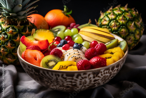 AI generative image of a ceramic bowl overflowing with fresh fruit  orange