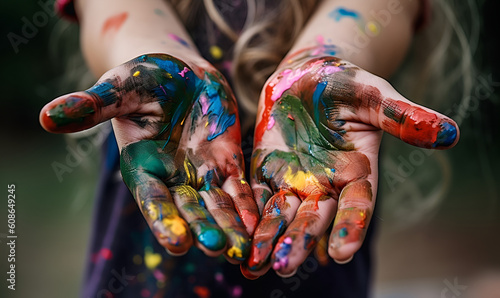 The concept of a creative workshop for children. Girl's hands in colorful paint. Generate Ai Generative AI