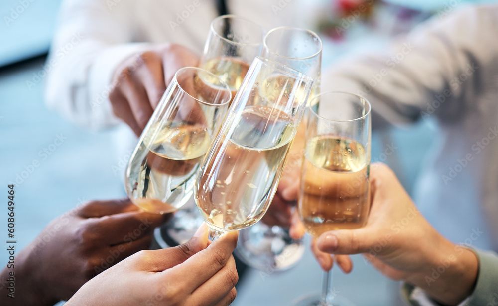 Champagne, toast and business people at an office party in celebration of success together closeup. Hands, glass and cheers with a team or group of colleagues in the workplace to celebrate a goal - obrazy, fototapety, plakaty 