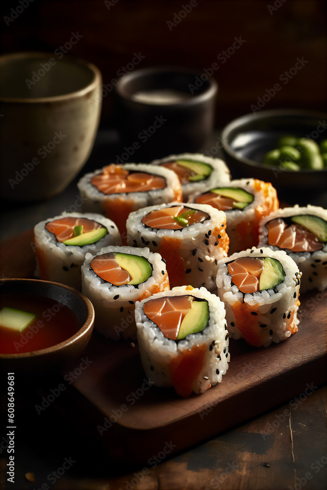 AI generative image of traditional japanese platter of sushi AI generative image of traditional japanese platter of sushi