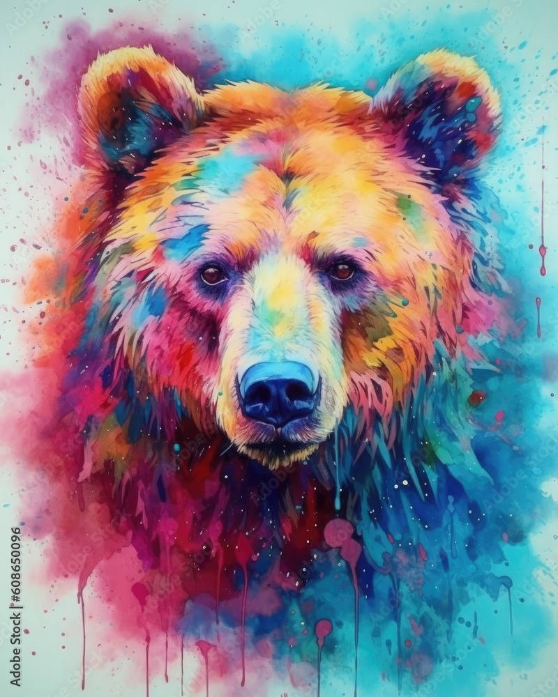 watercolor featuring a powerful and majestic bear against a backdrop of nature. bold and vibrant colors to bring out the strength and beauty of the bear  