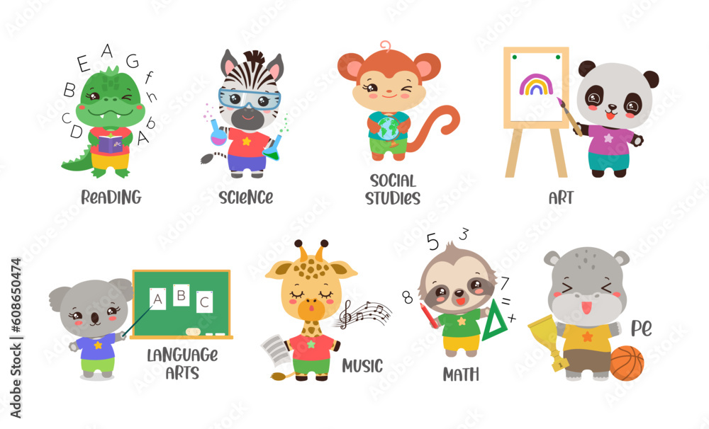 Back to school kawaii animal set. School subject icons with cute safari animals. Fun learning elementary subjects. Cartoon graphics for educational projects. Back to school kawaii animal set. School subject icons with cute safari animals. Fun learning elementary subjects. Cartoon graphics for educational projects.