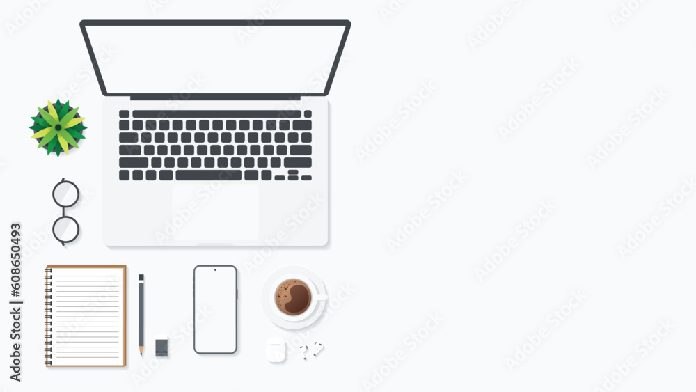 Cover and banner of working desk with gadget. Top view of table working and free space for text with computer, laptop, notebook, coffee cup, phone and paper. Cover and banner of working desk with gadget. Top view of table working and free space for text with computer, laptop, notebook, coffee cup, phone and paper.