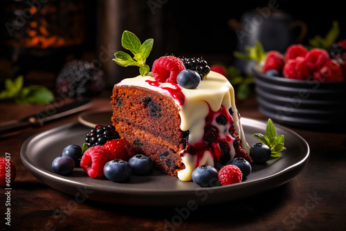 Slice of red velvet cake with cream cheese frozen berries: raspberries, and blueberries. AI generated photo