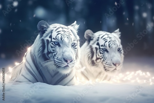 Couple white tiger covered in glowing lights  in a winter scene