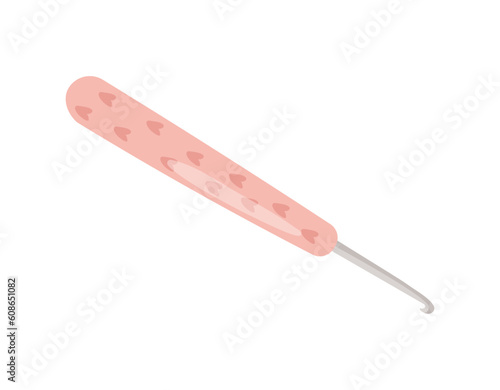 Knitting pink hook concept. Inventory of seamstress and atelier in workshop. Poster or banner for website. Creativity and art. Cartoon flat vector illustration isolated on white background