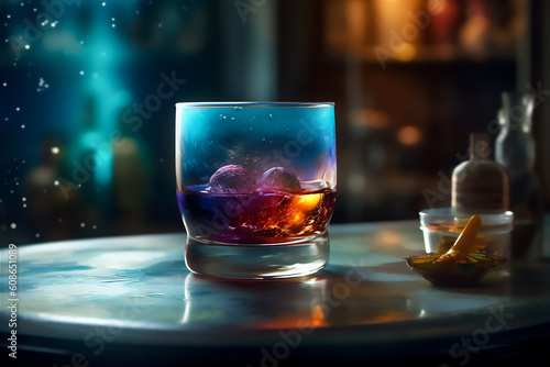 Bright cosmic cocktail in tall glass on bar top, with colorful turbulence, AI generated