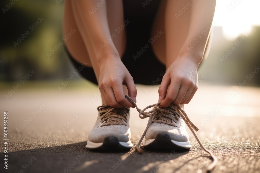 closeup shot of an unrecognizable woman tying her shoelaces while exercising outdoors, created with generative ai