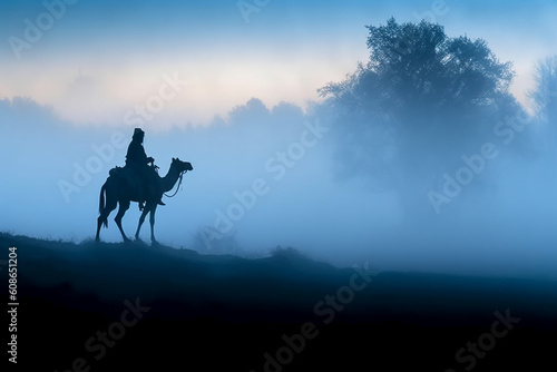 Soldier on a camel, foggy area, silhouette. AI generative