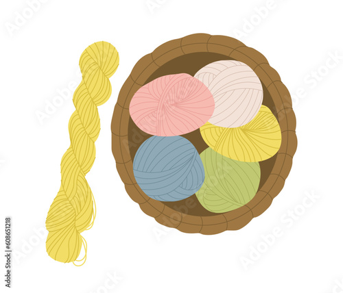 Knitting colorful balls concept. Production of warm clothes. Cotton and textiles. Template, layout and mock up. Handmade and handiwork. Cartoon flat vector illustration isolated on white background