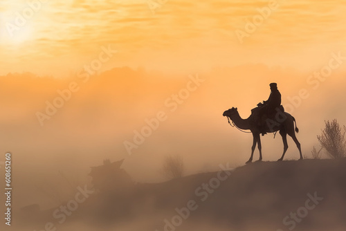 Soldier on a camel, foggy area, silhouette. AI generative © SANGHYUN