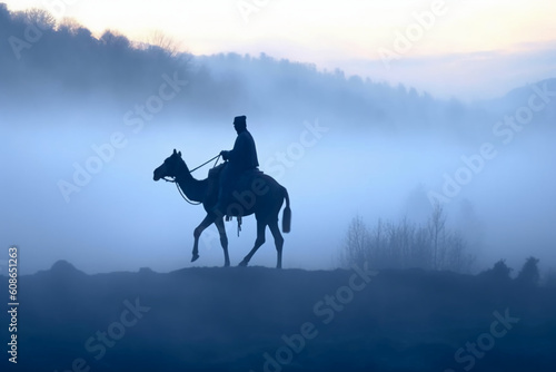 Soldier on a camel  foggy area  silhouette. AI generative