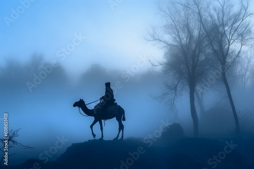 Soldier on a camel  foggy area  silhouette. AI generative