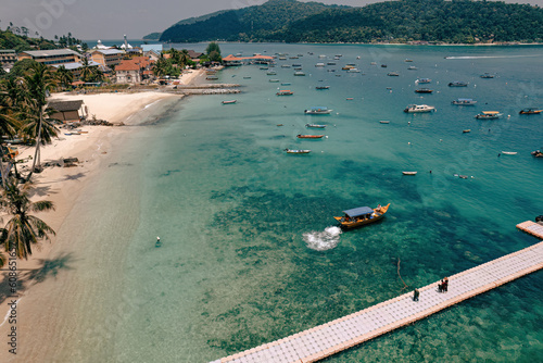 Aerial view of floating bridge and boat, Perhentian Kecil Island., Beautiful destination place Asia, Summer vacation travel trip photo