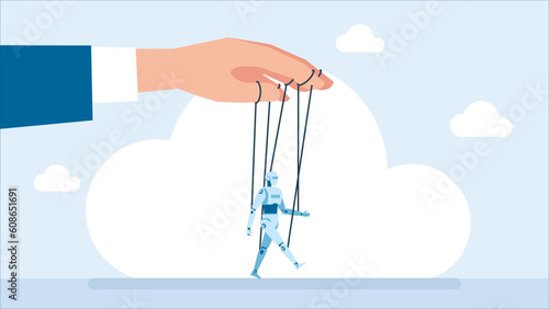 Businessman puppeteer controls the robot.  Human hand manipulating robotic cyborg puppet. Use of new technologies in business. Artificial Intelligence. Future concept. Vector flat illustration