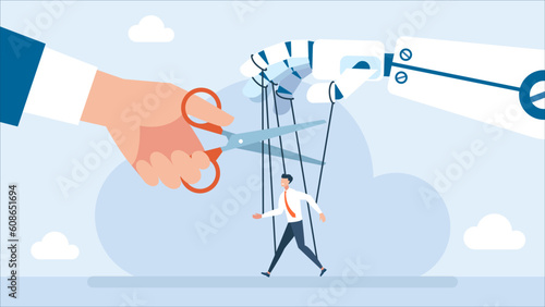 Robot hand manipulating man. Robot puppet master. Dependence on technology. A psychologist helps to escape from the influence of AI. Artificial Intelligence controls human. Flat vector illustration